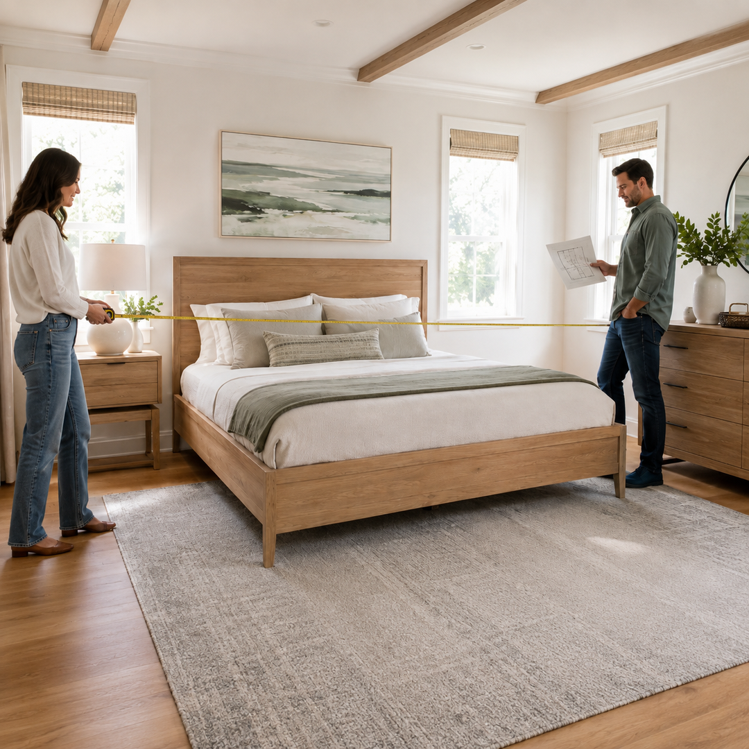 Couple measuring a bedroom before choosing a bed frame.