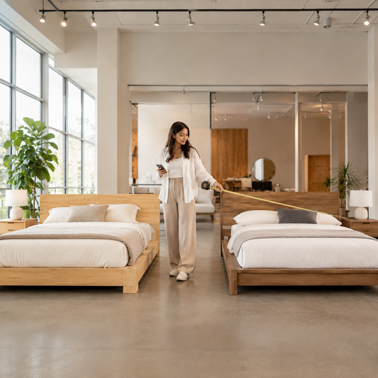 Shopper comparing affordable bed frames by size and features.