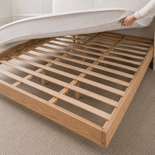 Mattress support slats on a platform bed that does not need a box spring.